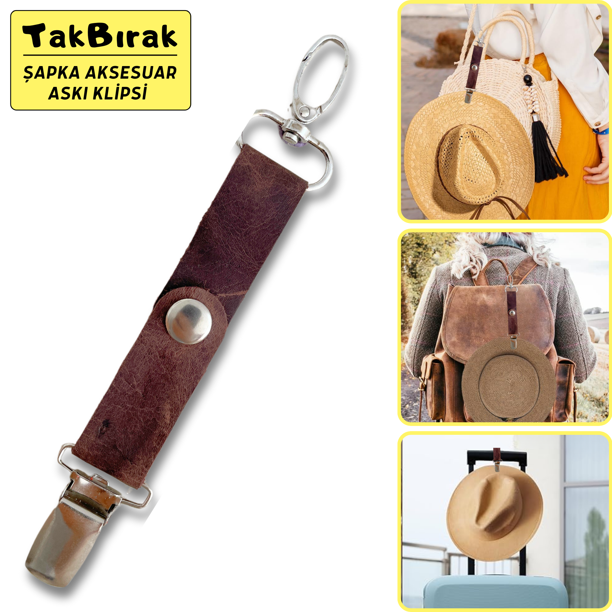 TakBırak Şapka & Aksesuar Askı Klipsi, Hakiki Deri & Metal Aparat Valiz Çanta Askısı Aksesuarı