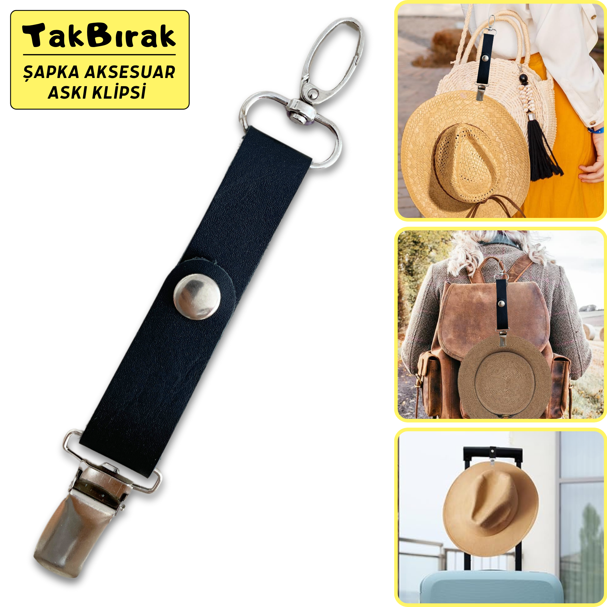 TakBırak Şapka & Aksesuar Askı Klipsi, Hakiki Deri & Metal Aparat Valiz Çanta Askısı Aksesuarı