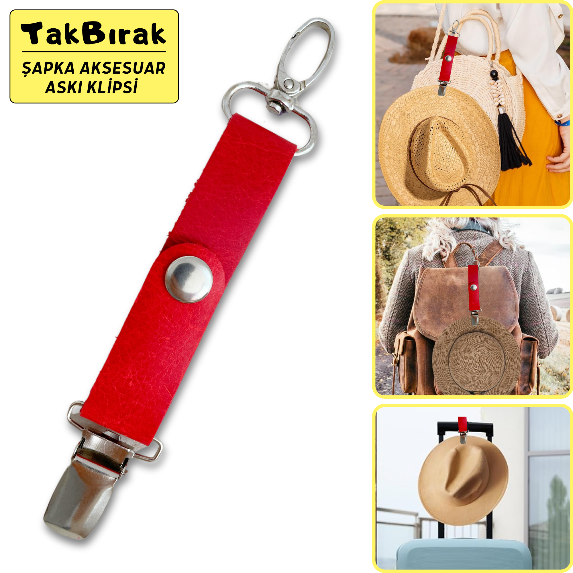 TakBırak Şapka & Aksesuar Askı Klipsi, Hakiki Deri & Metal Aparat Valiz Çanta Askısı Aksesuarı