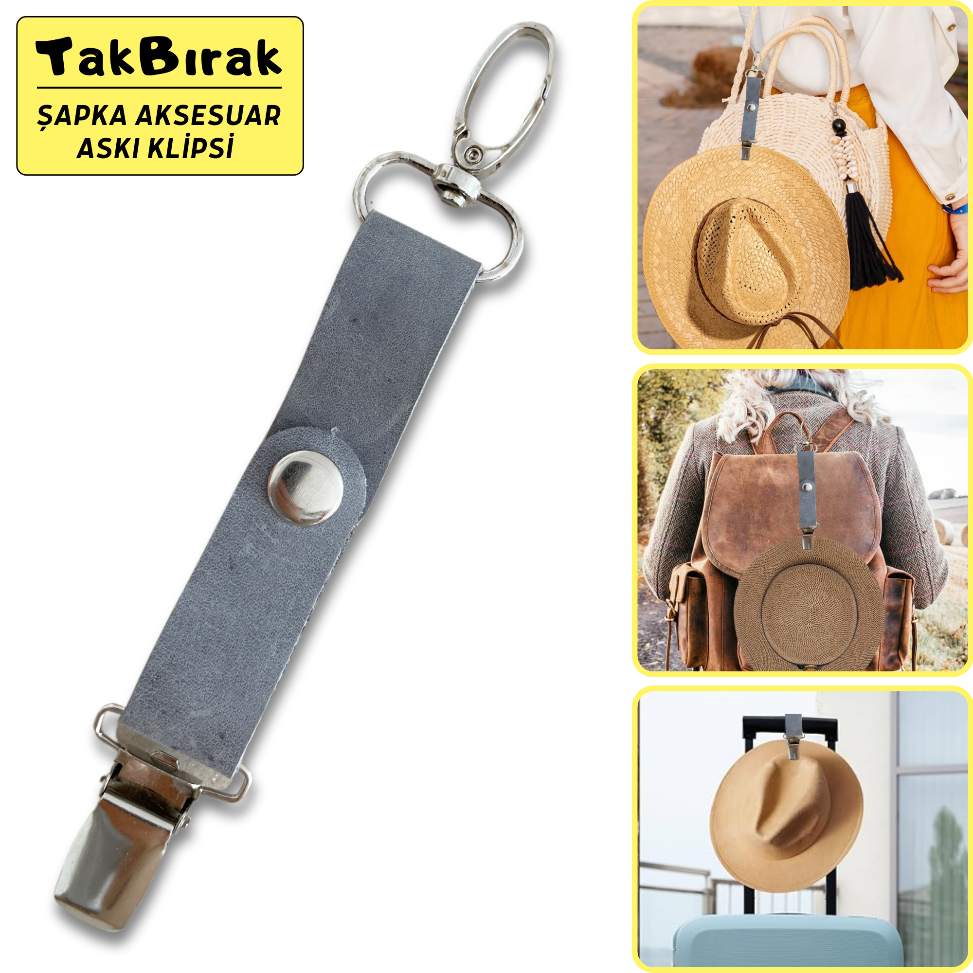 TakBırak Şapka & Aksesuar Askı Klipsi, Hakiki Deri & Metal Aparat Valiz Çanta Askısı Aksesuarı