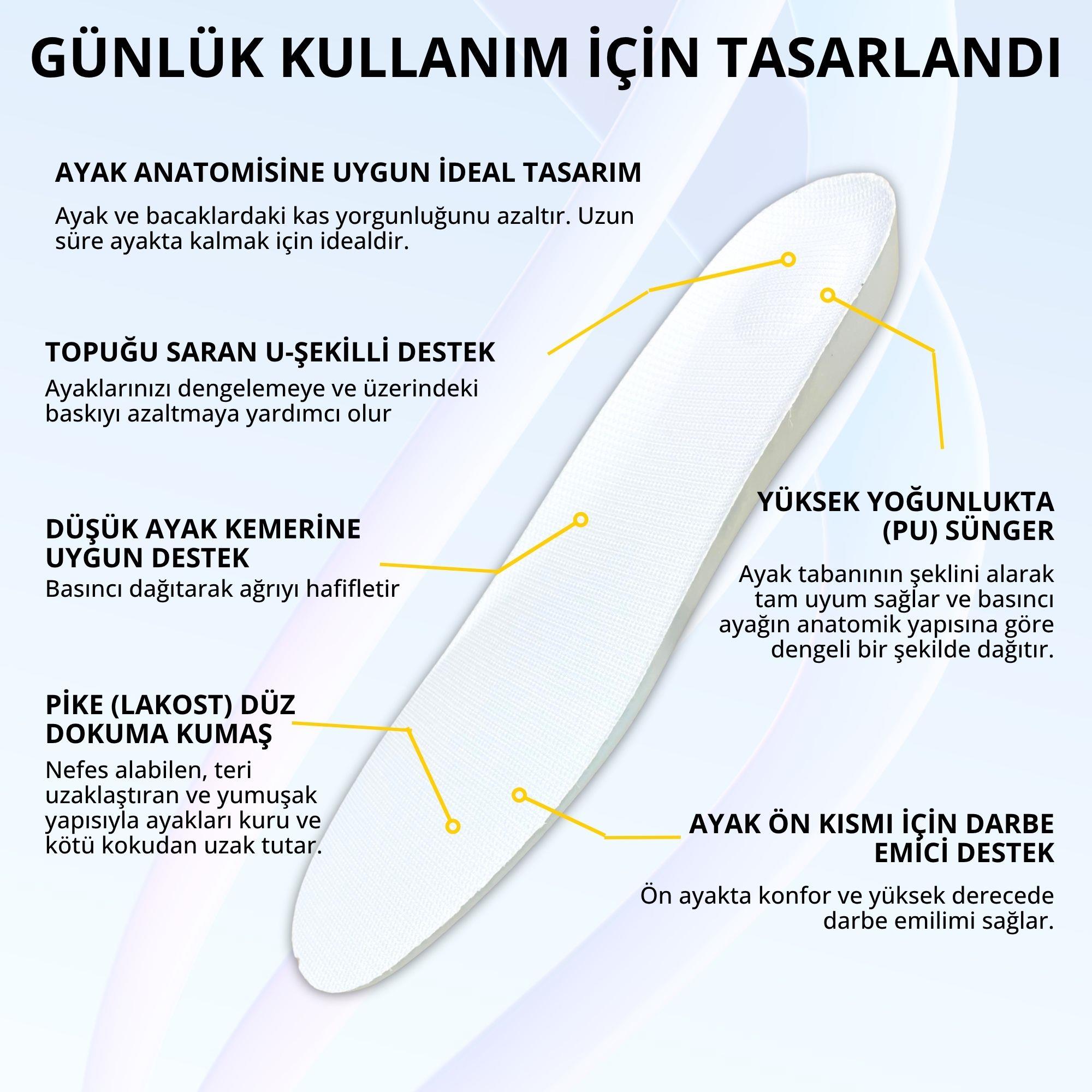 Tam Ortopedik Darbe Emici Spor İç Tabanlık, Koşu, Yürüyüş ve İş İçin Rahat Ayakkabı Tabanı, Beyaz