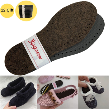 12 Çift Kahve Yün Keçe Delikli Hobi Örgü Panduf Patik Tabanı