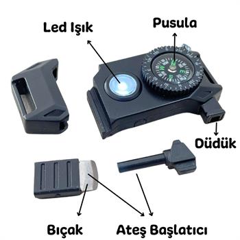 Paracord Bileklik İçin Ateş Başlatıcılı, Düdüklü, Ledli, Bıçaklı, Pusulalı Klips