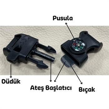 Paracord Bileklik İçin Pusulalı, Ateş Başlatıcılı, Düdüklü, Bıçaklı Klips, 1 Adet