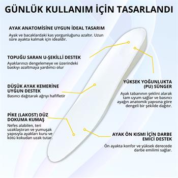 Tam Ortopedik Darbe Emici Spor İç Tabanlık, Koşu, Yürüyüş ve İş İçin Rahat Ayakkabı Tabanı, Beyaz