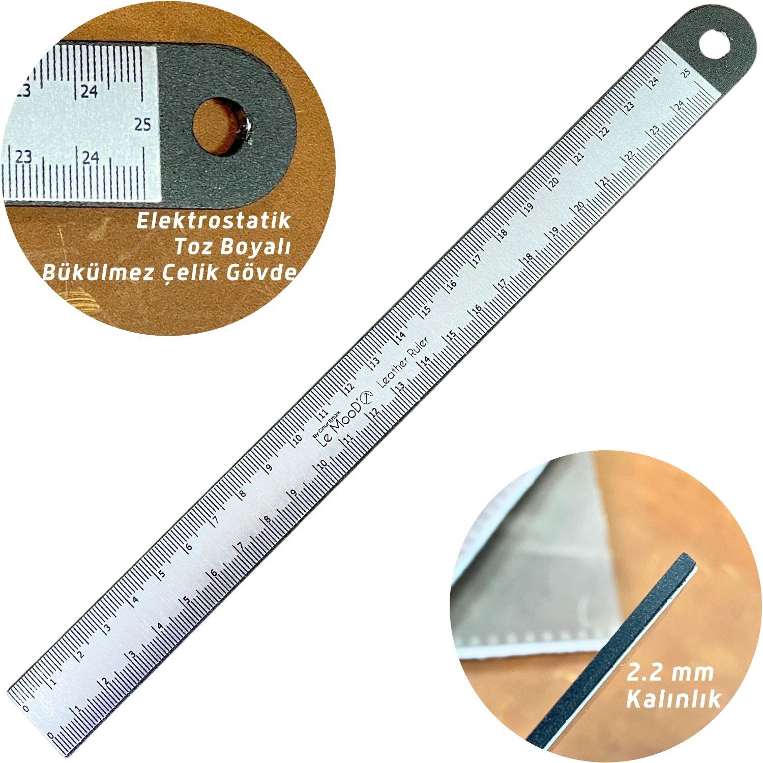 Le MooD'O 25 cm Çelik Cetvel, Leather Ruler Deri Hobi El Aleti 1 Adet
