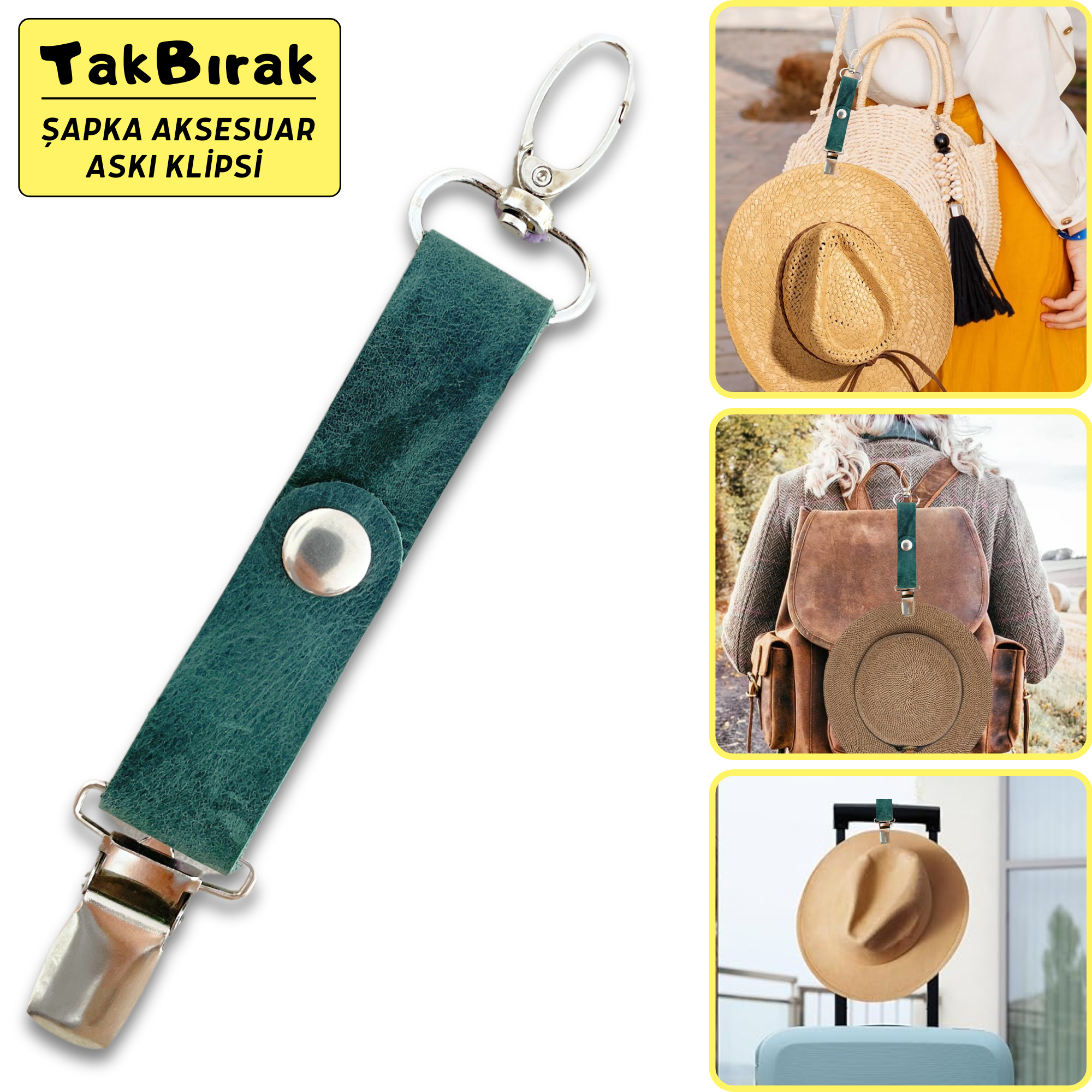 TakBırak Şapka & Aksesuar Askı Klipsi, Hakiki Deri & Metal Aparat Valiz Çanta Askısı Aksesuarı