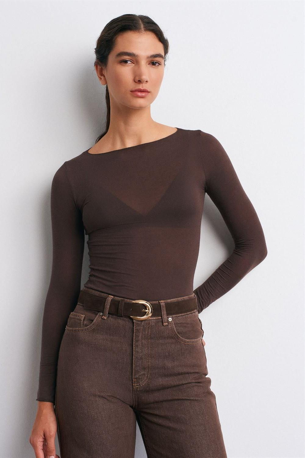 Kayık Yaka Modal Kumaş Transparan Bluz DL32122