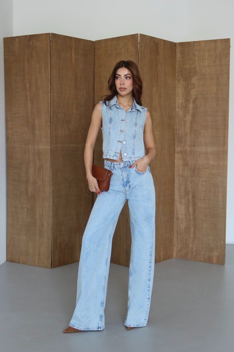 Jean Yelek Wide Leg Pantolon Takım LC8229