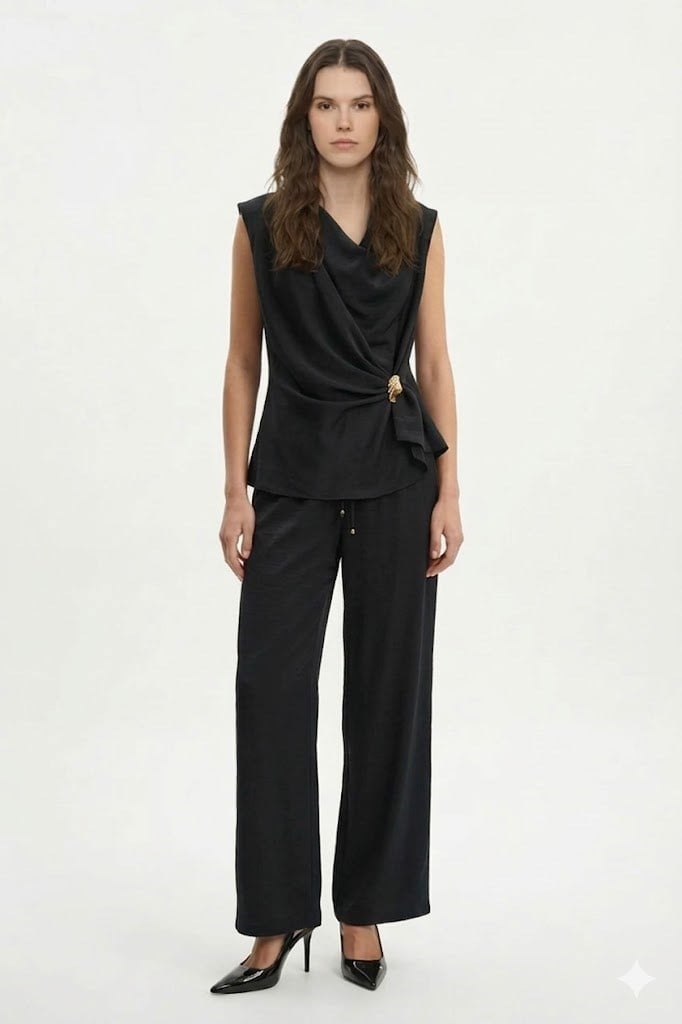 Aksesuar Detaylı Bluz Bağucu Detaylı Pantolon Takım QZ01440