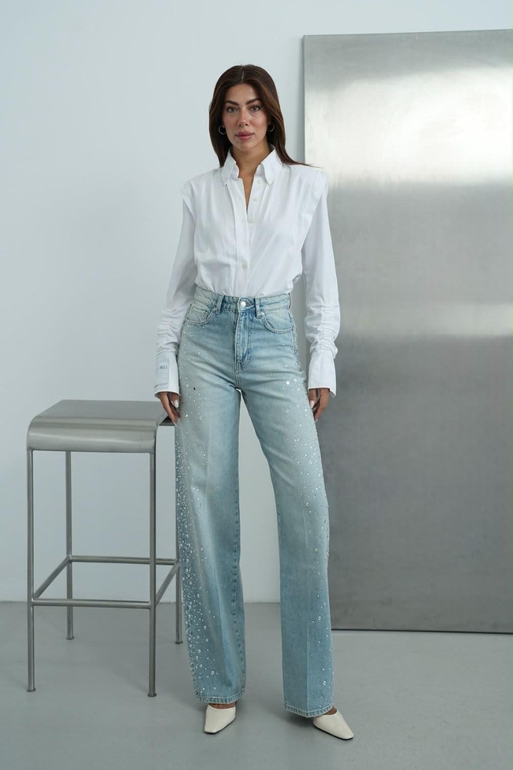 Yüksek Bel Taş Baskılı Baggy Jean LC8433