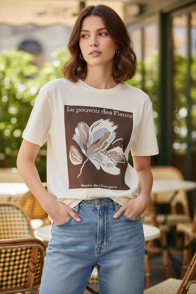 Çiçek Baskılı Taş Detaylı T-shirt QZ180223