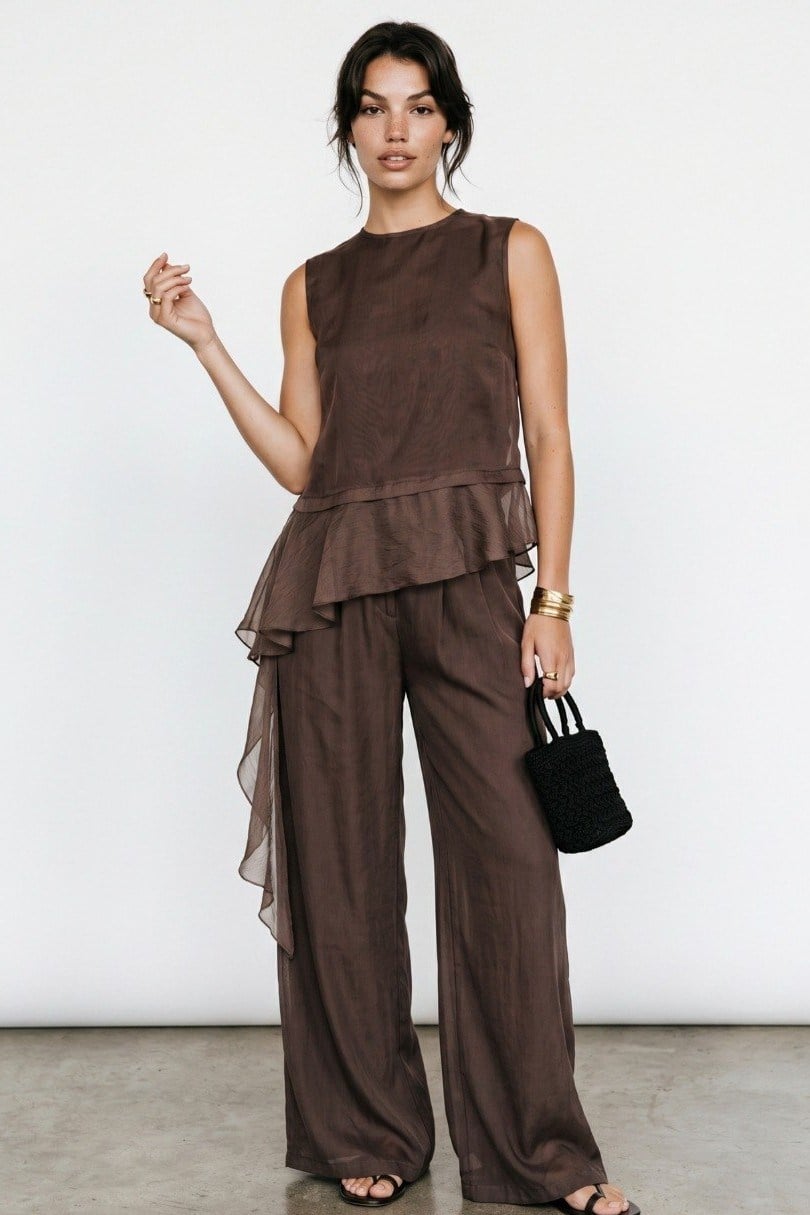 Asimetrik Kesim Garnili Bluz Pantolon Takım PR51391