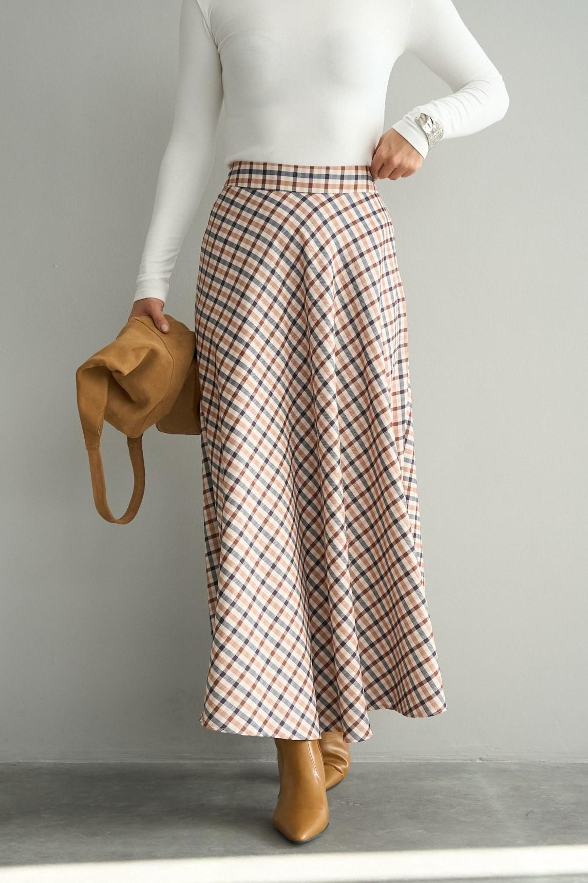 Ekose Desenli Yandan Fermuarlı Midi Etek QS251112