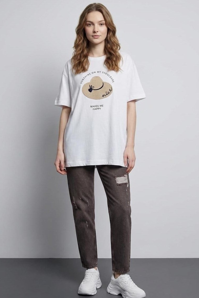 Baskı ve Nakış Detaylı T-shirt QZ00419
