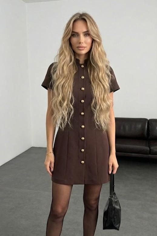 Kolları Volanlı Gold Düğmeli Elbise MM1283