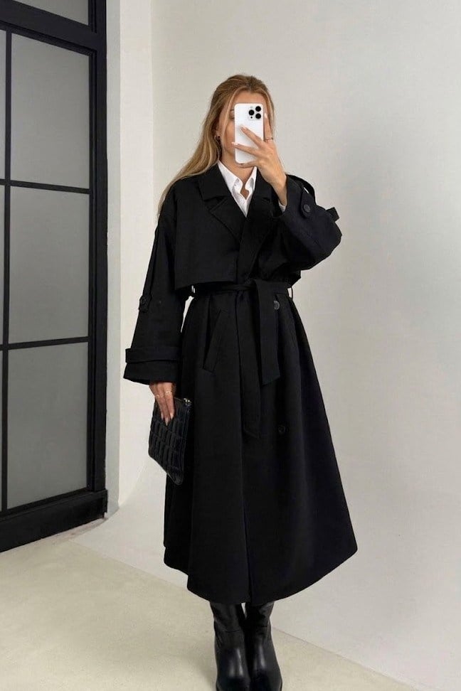 Kruvaze Yaka Kuşaklı Oversize Uzun Trençkot PR9581