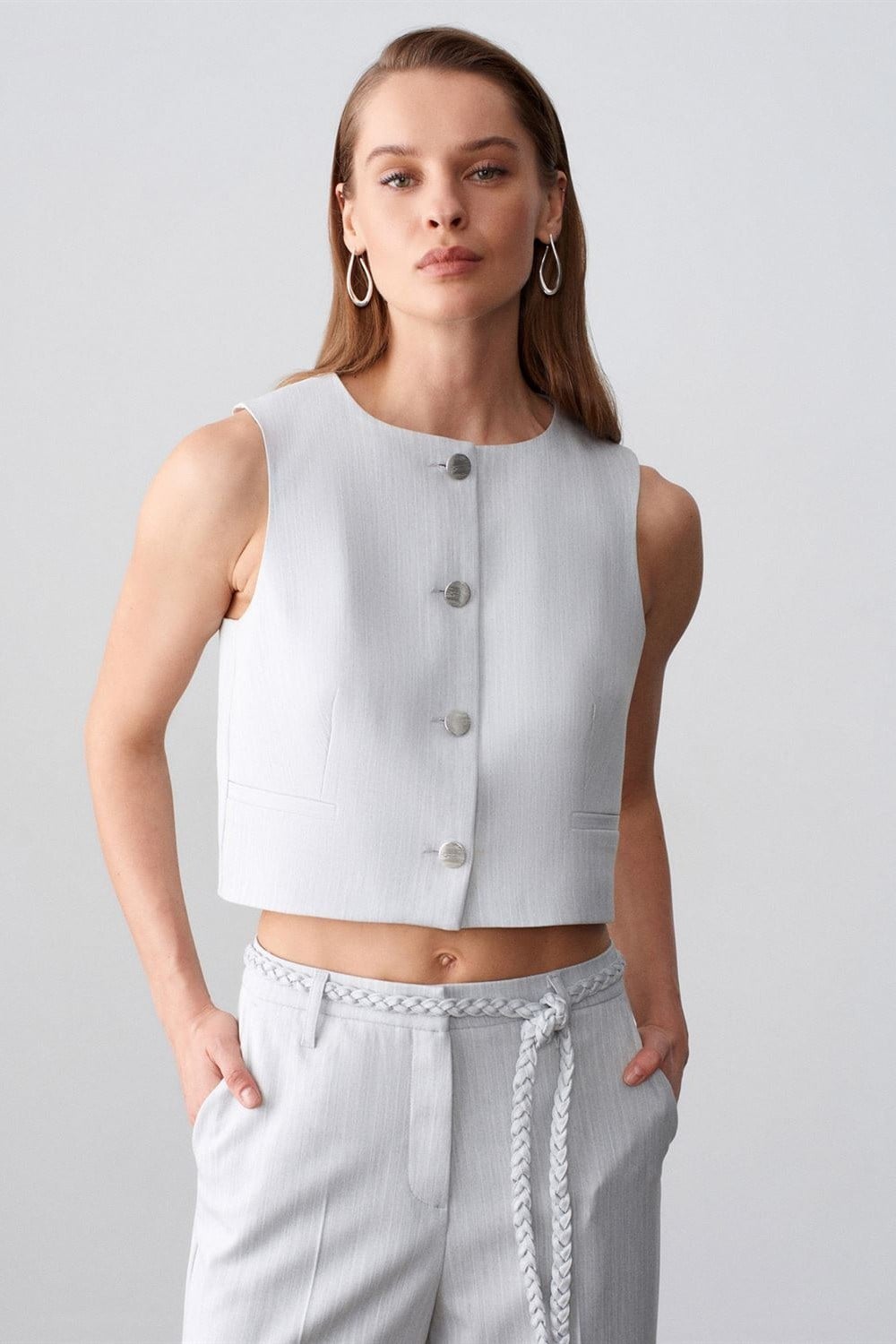 Bisiklet Yaka Gümüş Düğmeli Crop Yelek DL60615