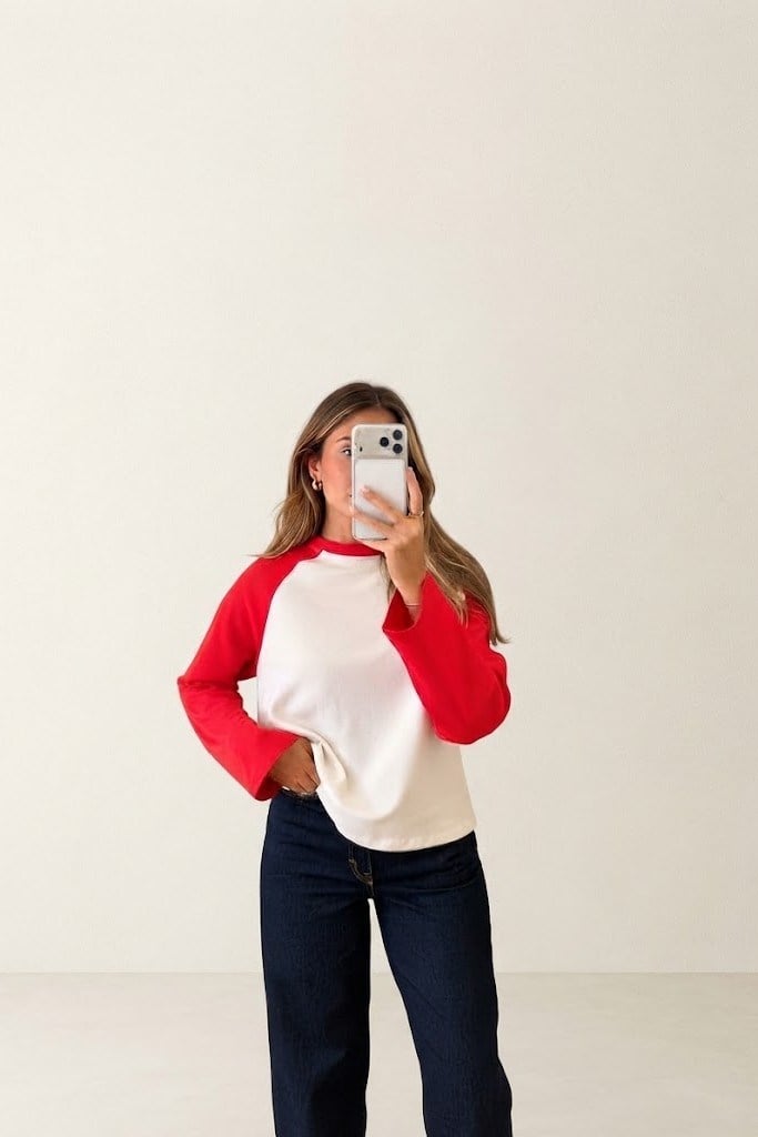 Çift Renk Bisiklet Yaka Uzun Kollu T-shirt QS261006