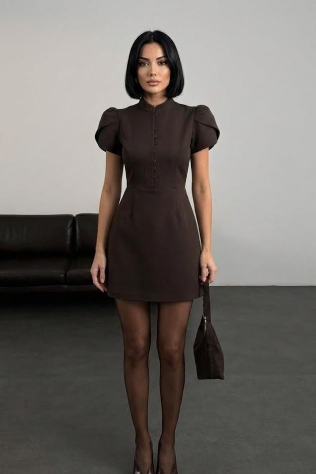 Kolları Volanlı Pensli Düğme Detaylı Kumaş Elbise MM1282