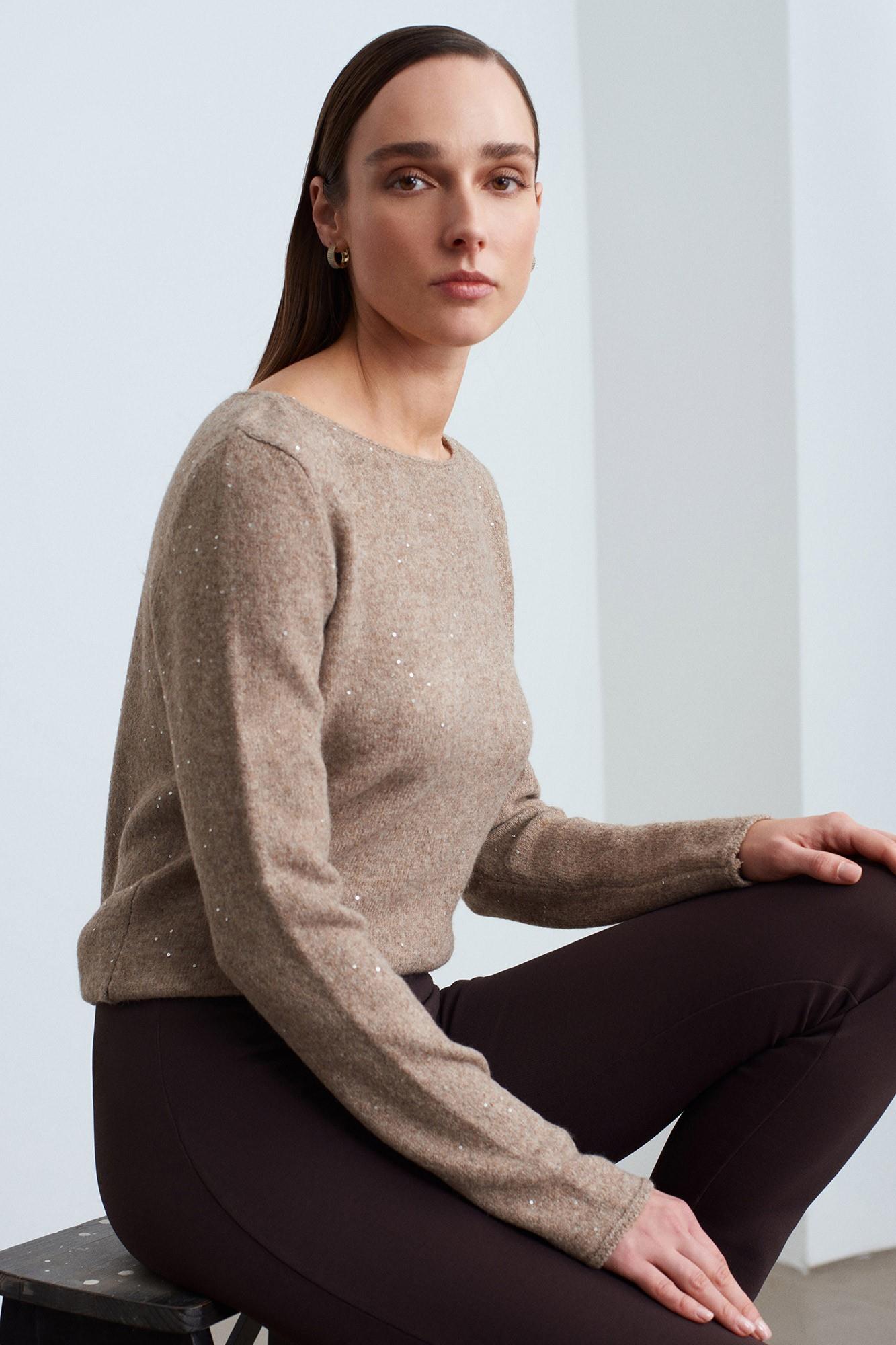 Kayık Yaka Pullu Simli Triko Kazak DL10836