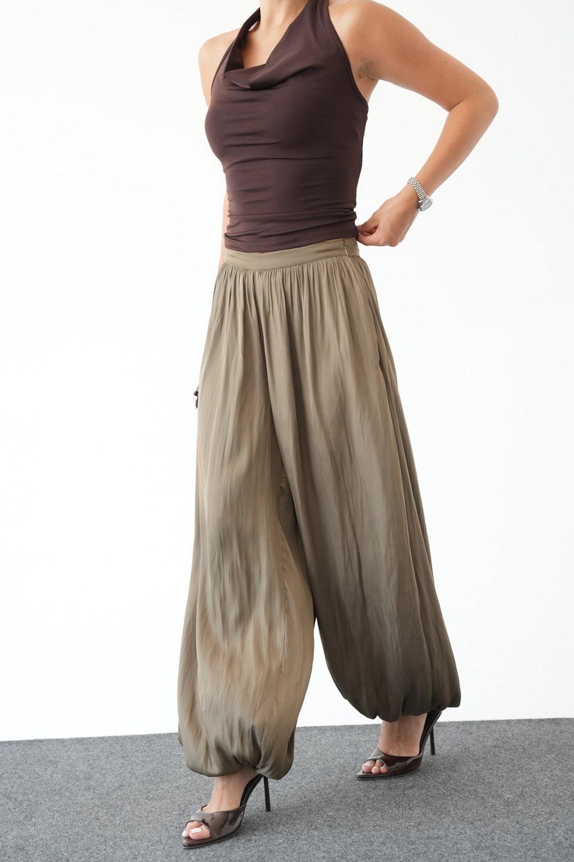 Yandan Fermuarlı Saten Şalvar Pantolon QS261051