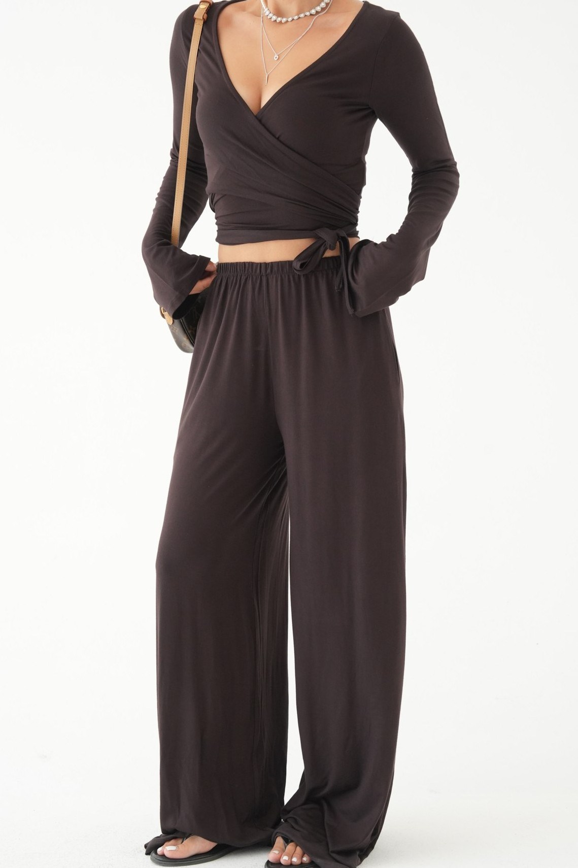 Kruvaze Yaka Bağlamalı Bluz Pantolon Takım QS261146