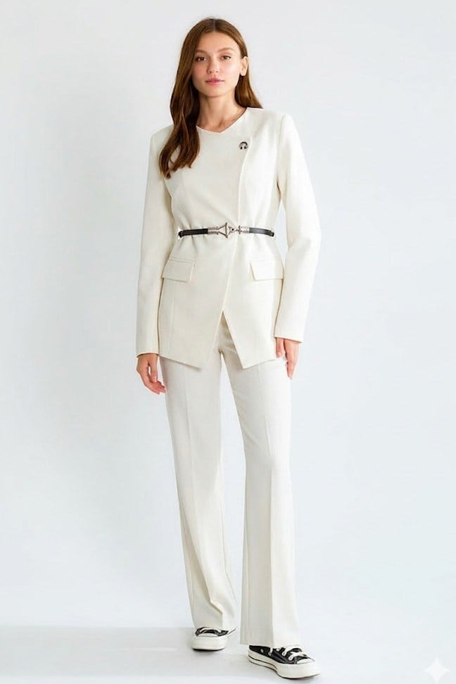 Düğmeli Asimetrik Kesim Kemerli Ceket Pantolon Takım RB80303