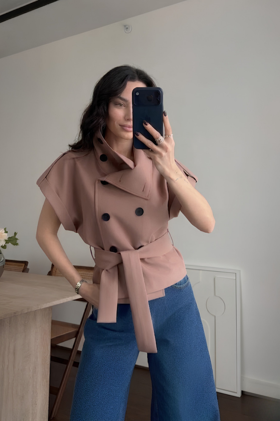 Dik Yaka Kısa Kollu Kuşaklı Kısa Trençkot HF504362