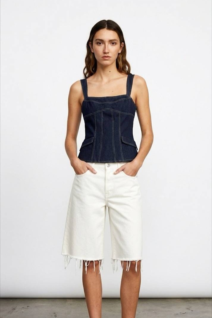 Cep Detaylı Askılı Denim Bluz QZ02348