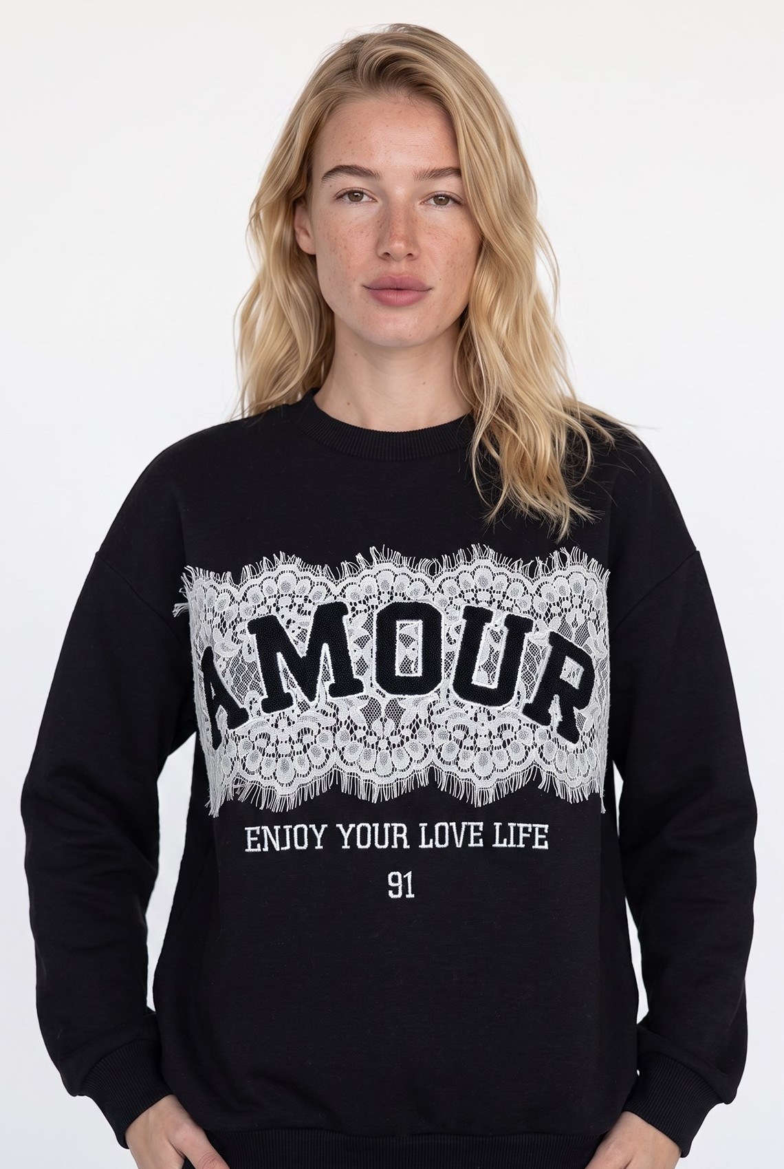 Dantel ve Yazı Detaylı  Sweatshirt QZ02760