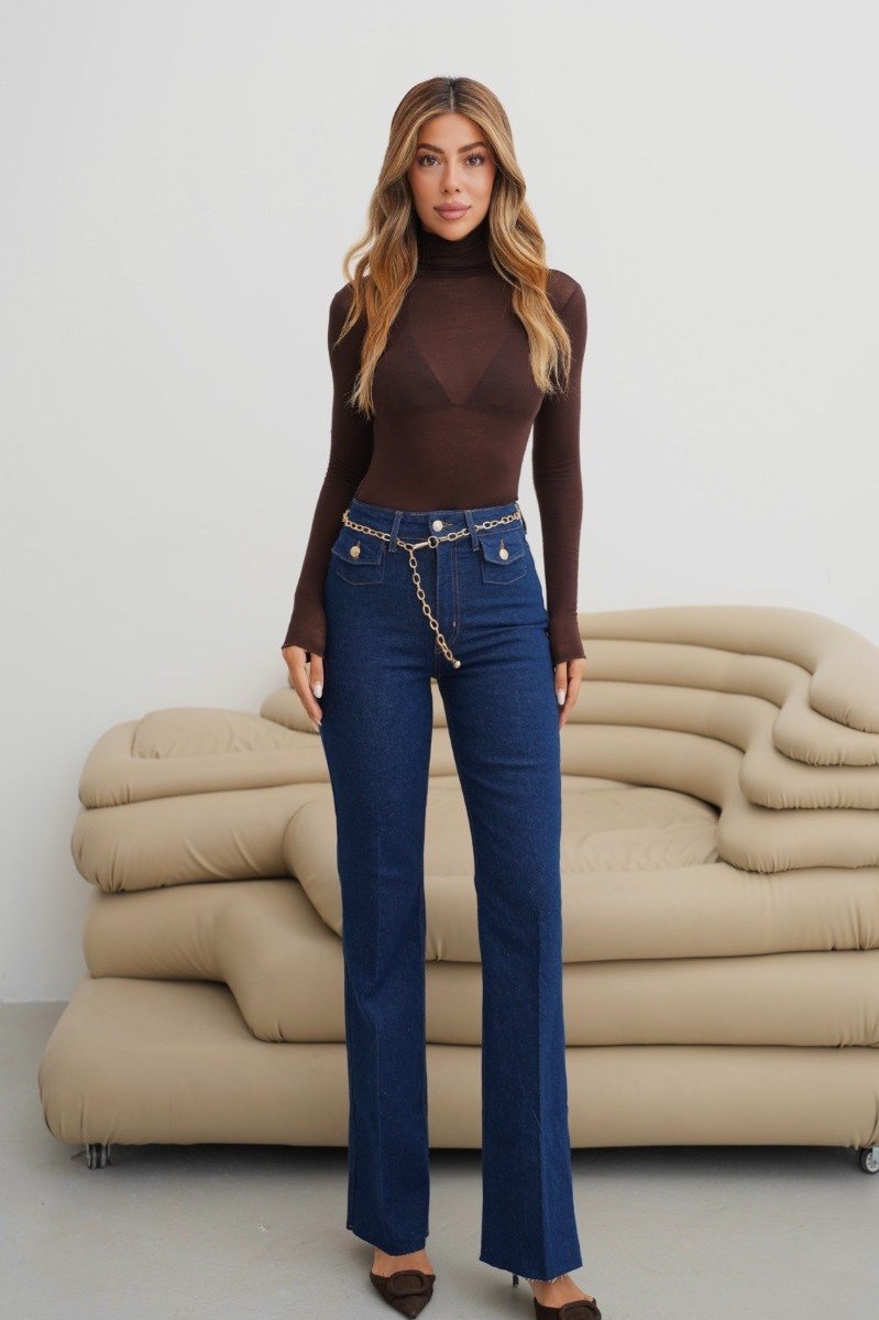 Zincir Kemerli Cep Detaylı Wide Leg Jean LC8158
