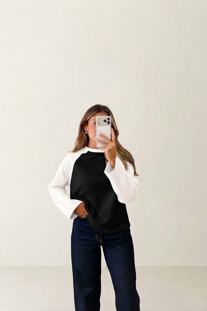 Çift Renk Bisiklet Yaka Uzun Kollu T-shirt QS261006