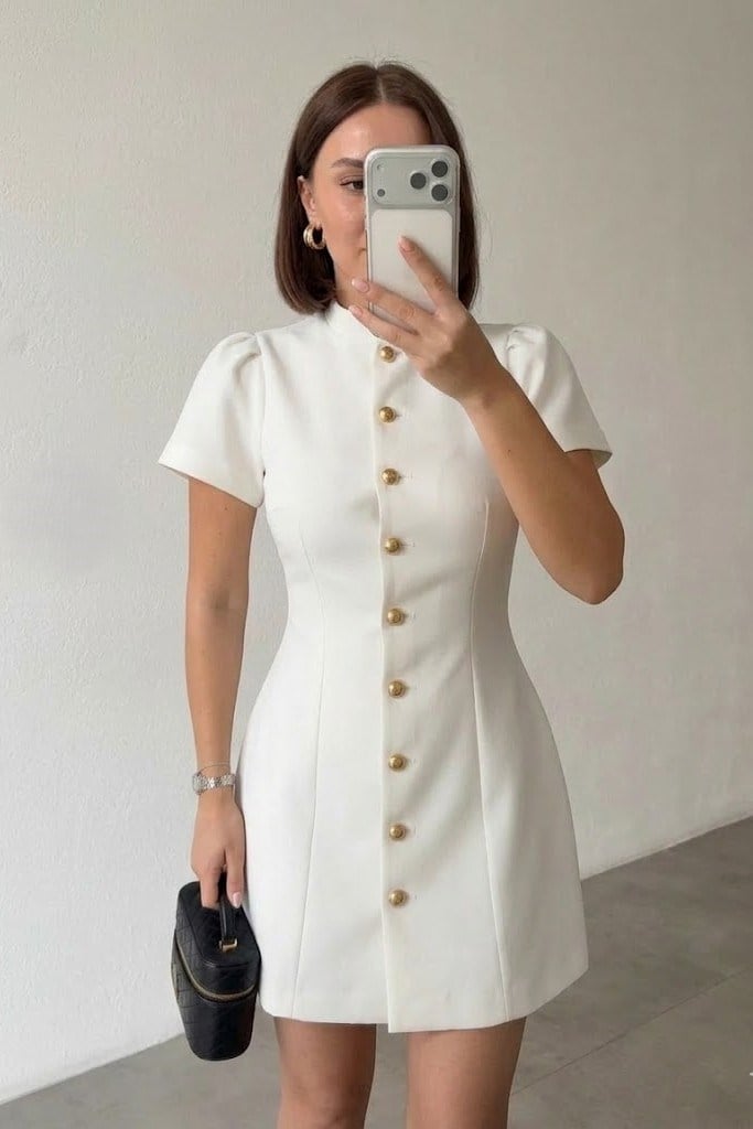 Kolları Volanlı Gold Düğmeli Elbise MM1283