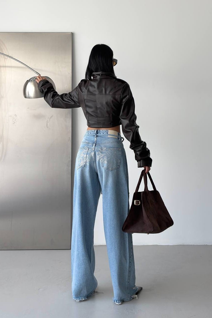 Arkası Taş Baskılı Kuşaklı Wide Leg Jean EL2653