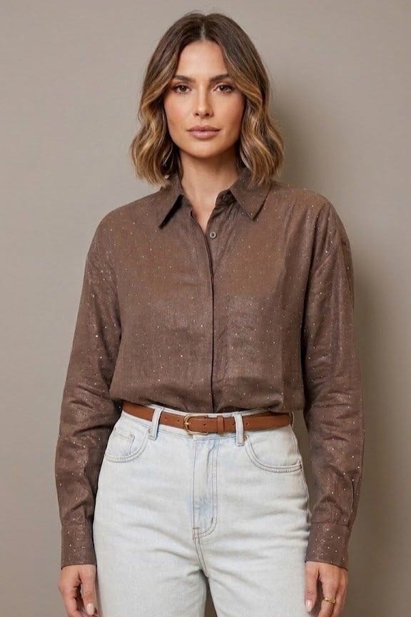 Dağınık Taş İşlemeli Uzun Kollu Gömlek CS2618126