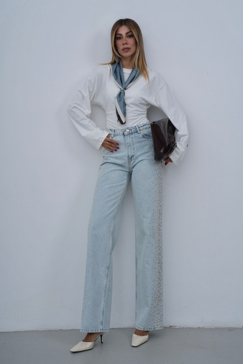 Yüksek Bel Metaş Taş Detaylı Wide Leg Jean LC8432