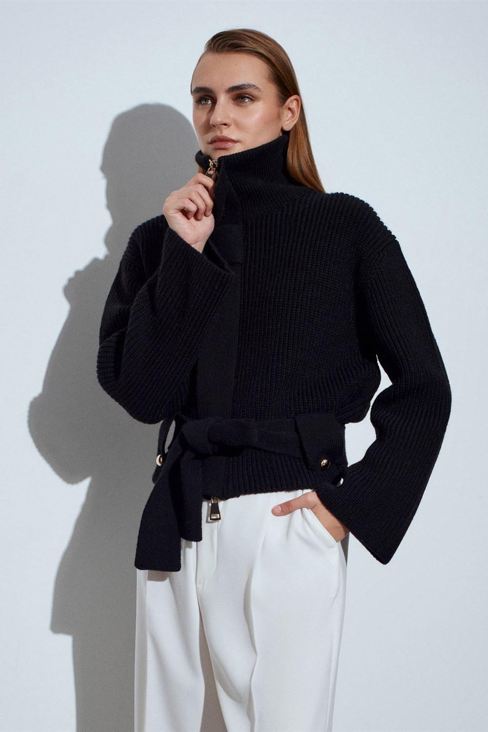 Fermuarlı Kemerli Düğmeli Yünlü Hırka DL60988