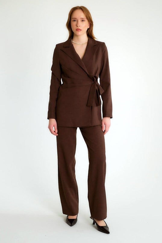 Drepe Detaylı Bağlamalı Ceket Pantolon Takım RB80312