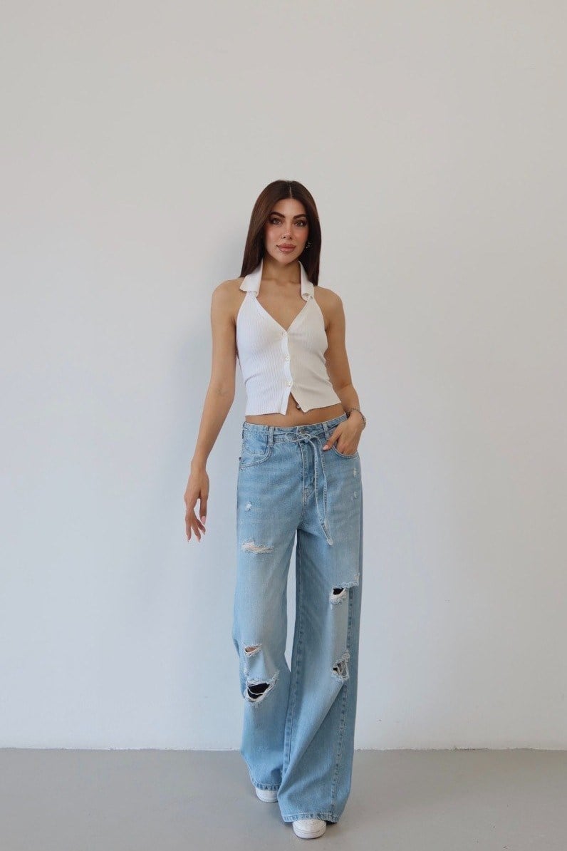 Kuşak Detaylı Yırtık Baggy Jean LC8301