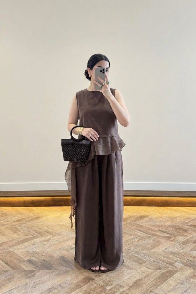 Asimetrik Kesim Garnili Bluz Pantolon Takım PR51391