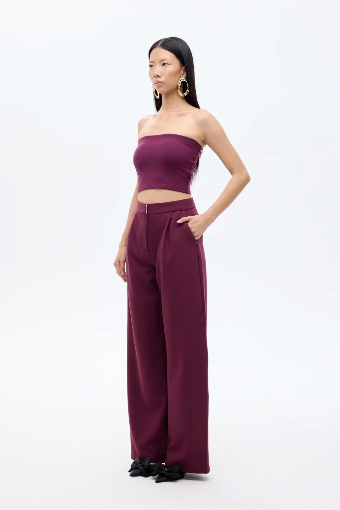 Bol Paça Pileli Kumaş Pantolon QZ00914