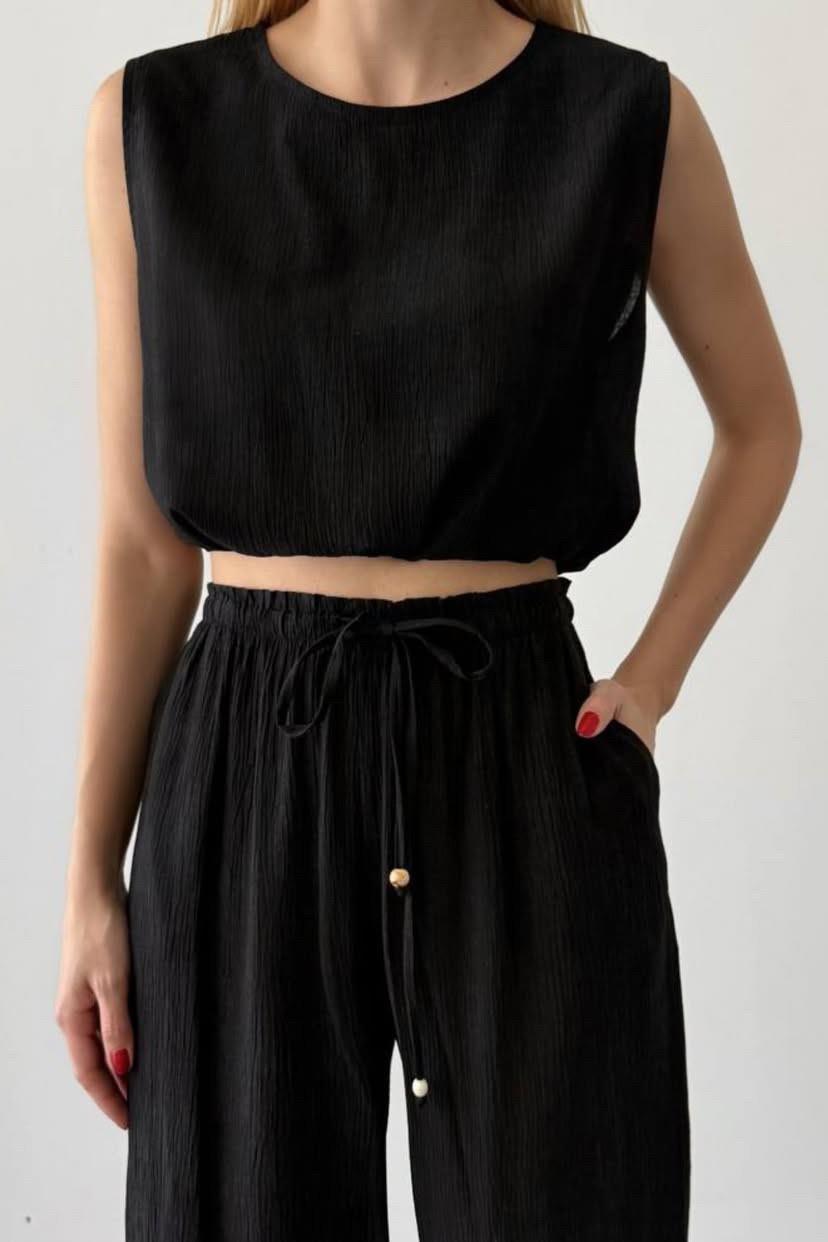 Boncuk Detaylı Bluz Dökümlü Pantolon Takım QZ00468