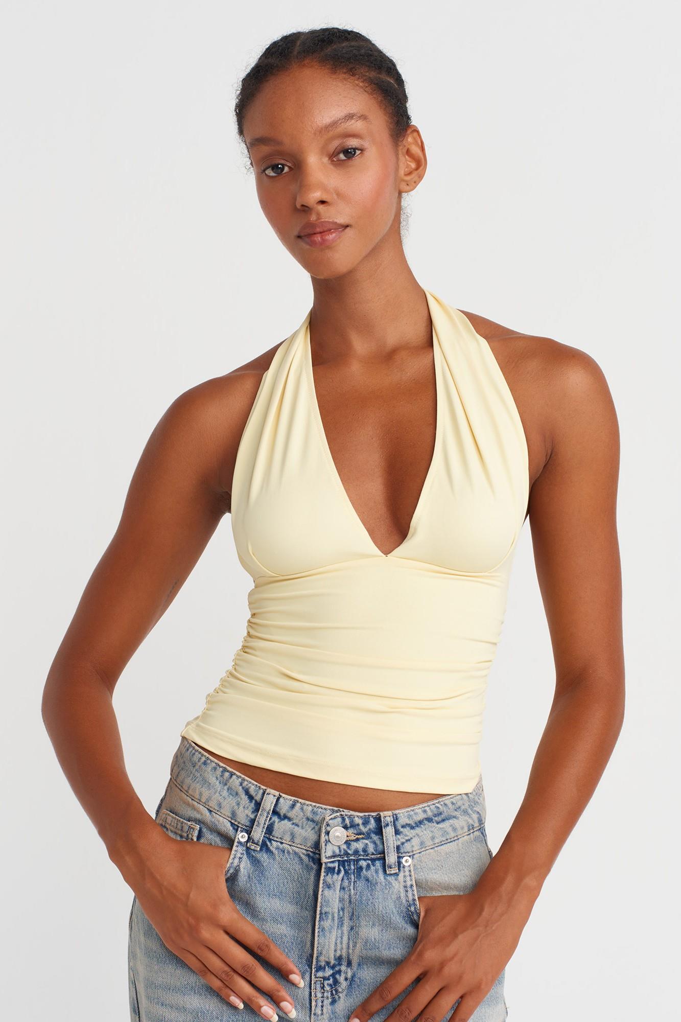 Büzgülü Boyundan Geçirmeli Poliamid Kumaş Atlet DL31968