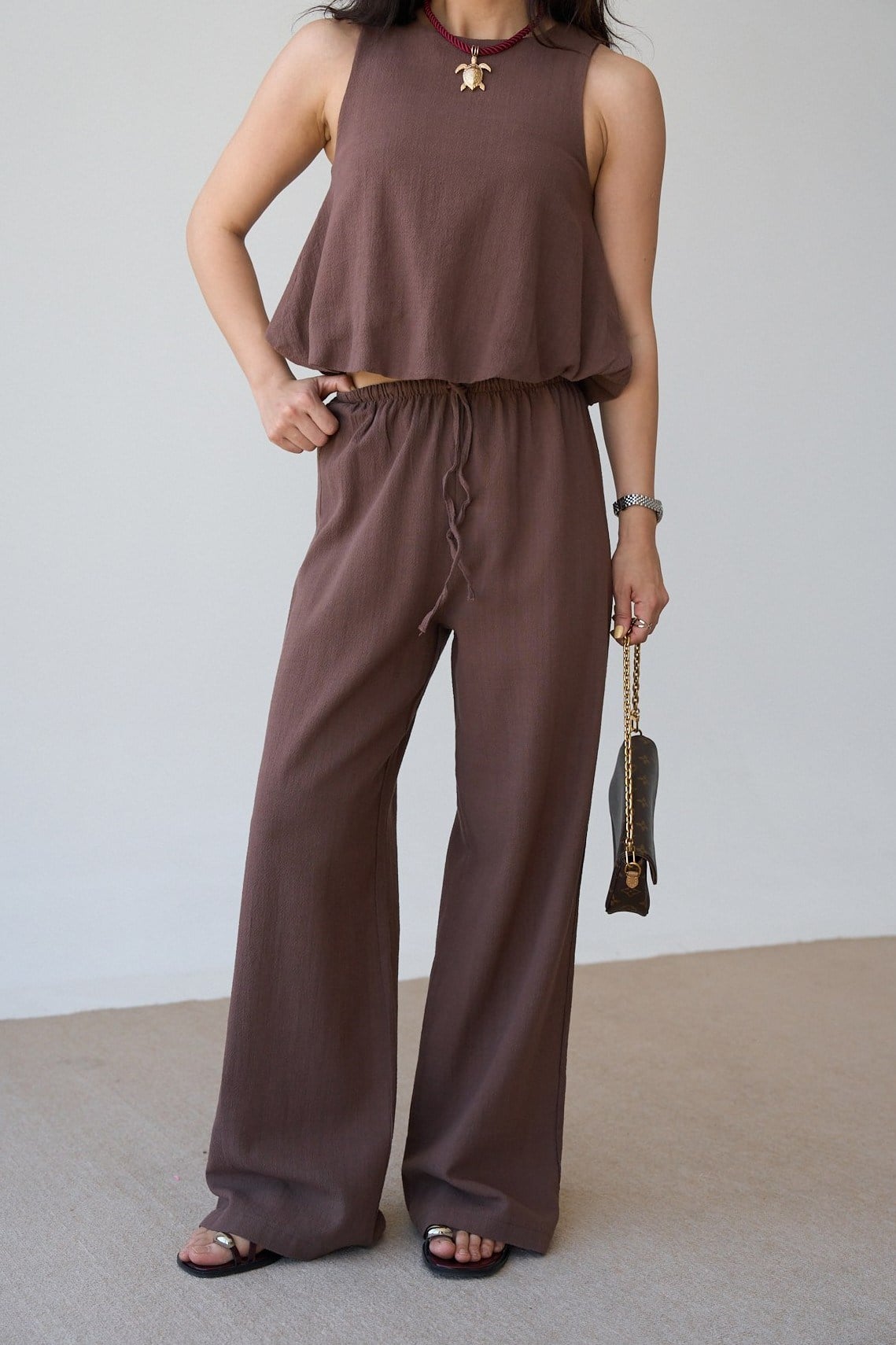 Sıfır Kol Keten Crop Pantolon Takım QS251003