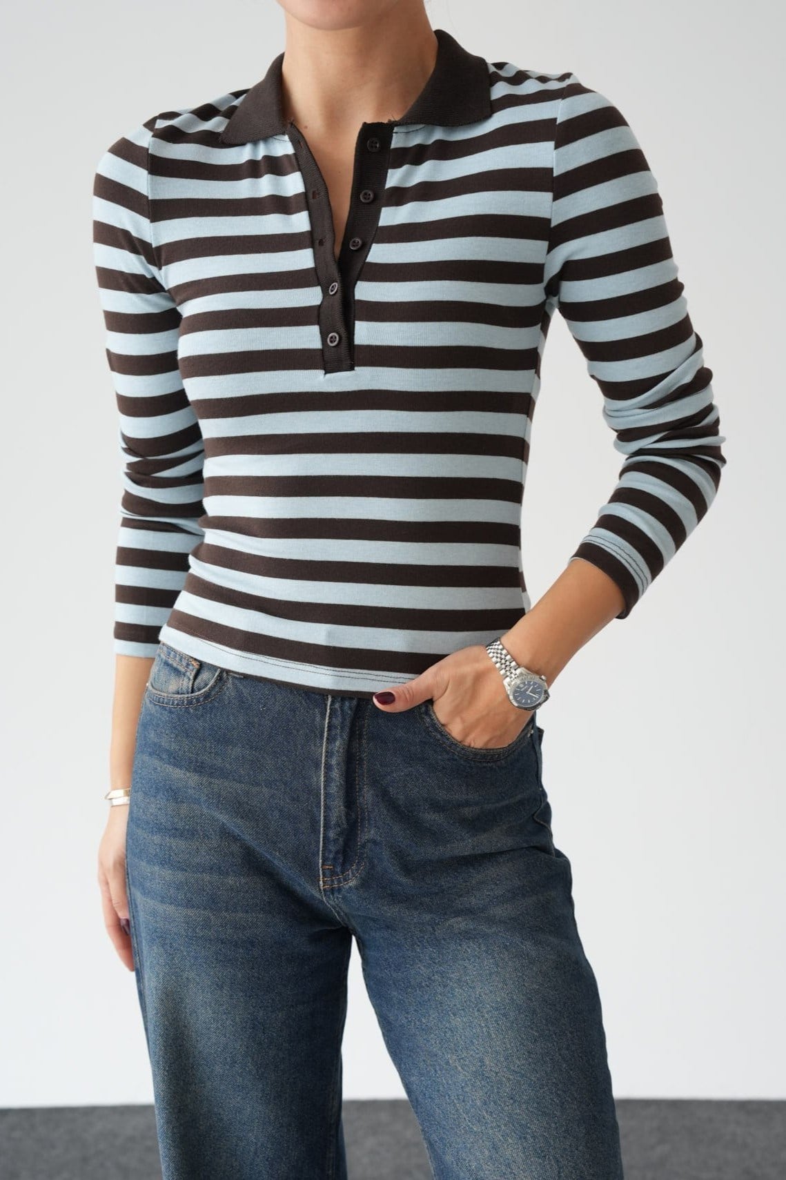 Polo Yaka Düğmeli Çizgili Triko QS261089