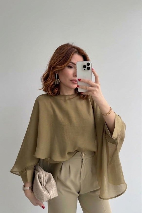 Asimetrik Kesim Pelerin Bluz PR5026