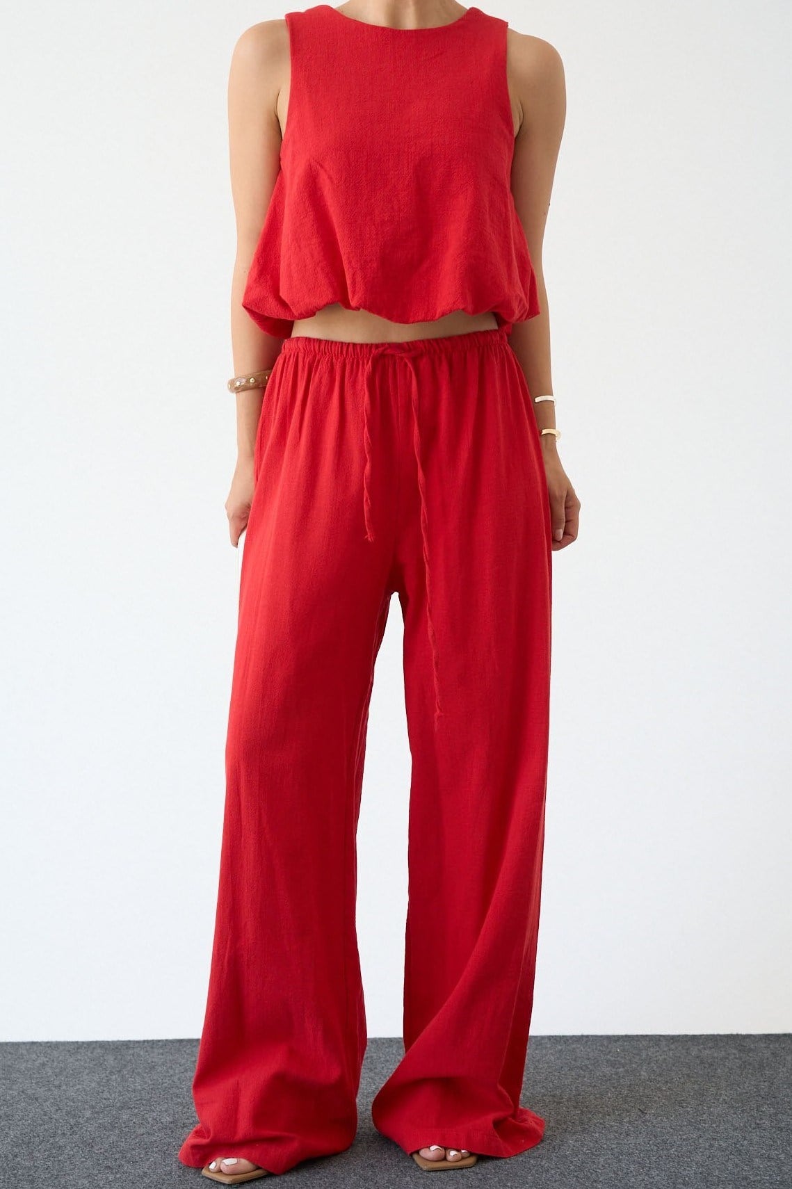 Sıfır Kol Keten Crop Pantolon Takım QS251003