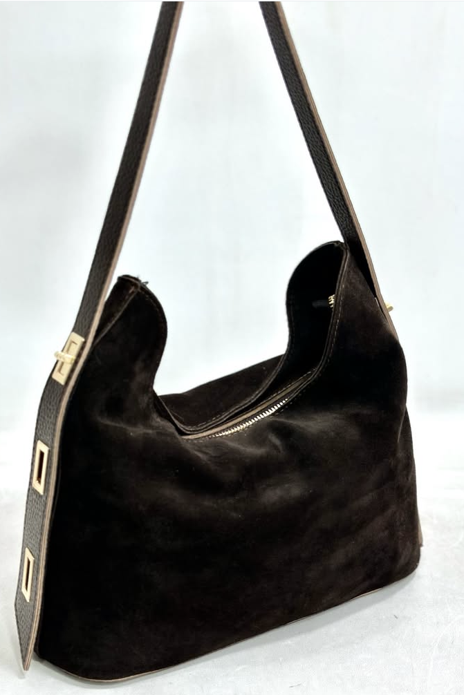 Gold Aksesuarlı Deri Saplı Süet Çanta RY476