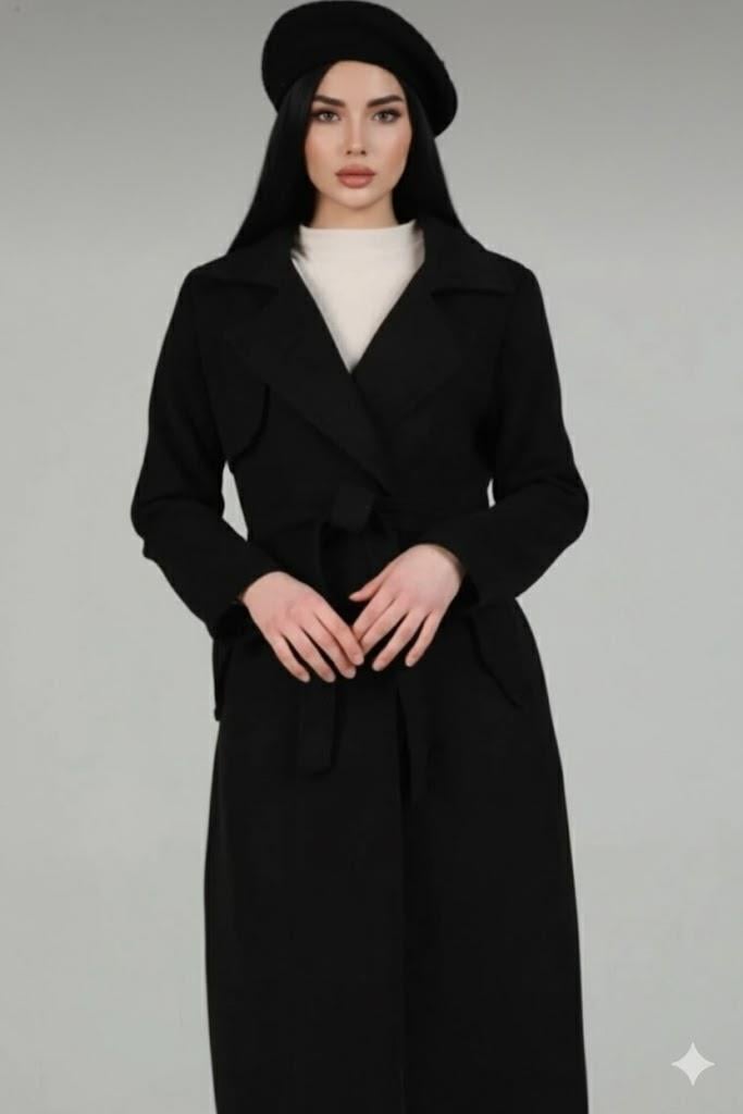 Beli Kemer Detaylı Kapaklı Cepli Kaşe Kaban Pİ70606